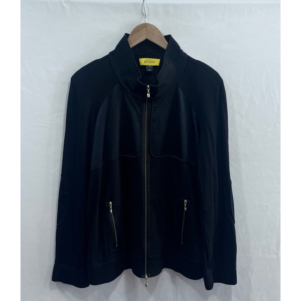 St. John Black Jacket Full Zip Elbow Pad Mock Neck Viscose w/Silk Accent X-Large